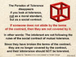 Text graphic explaining tolerance as a social contract, illustrated with a red impossible cube.